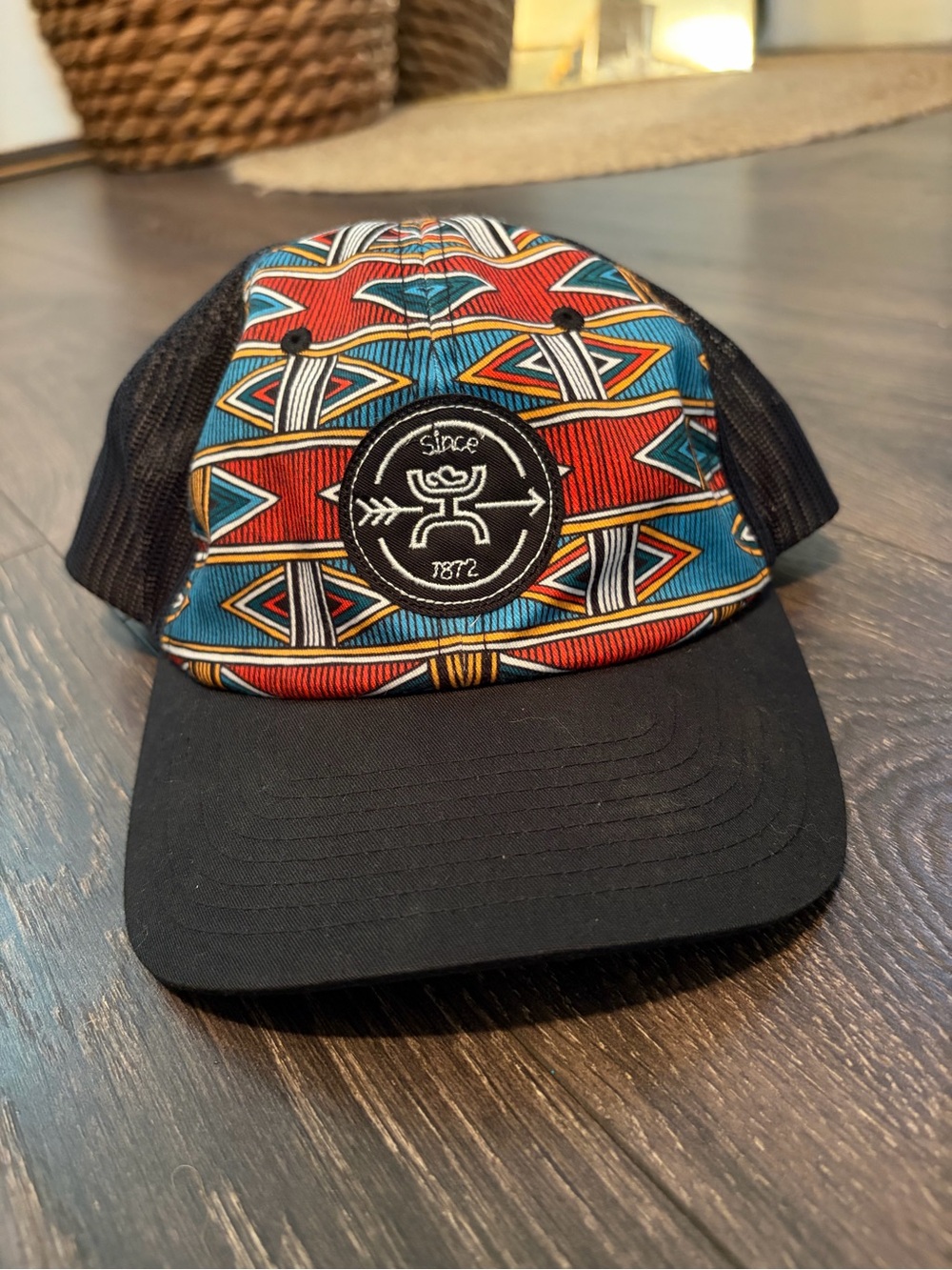 Hooey Black Brim Trucker Hat with Red and Blue Tribal Panel